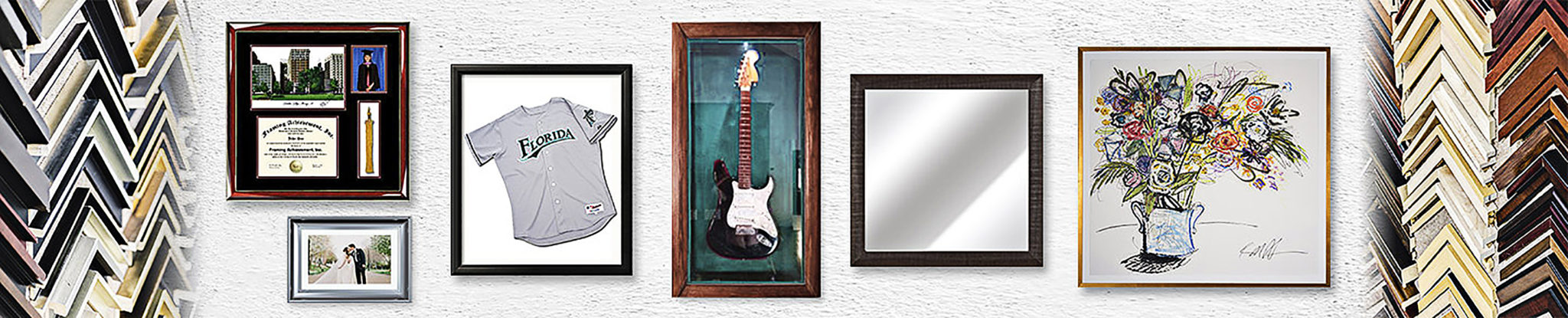 custom framed diploma, wedding photo, sports jersey, guitar, mirror, art and custom framing moulding options